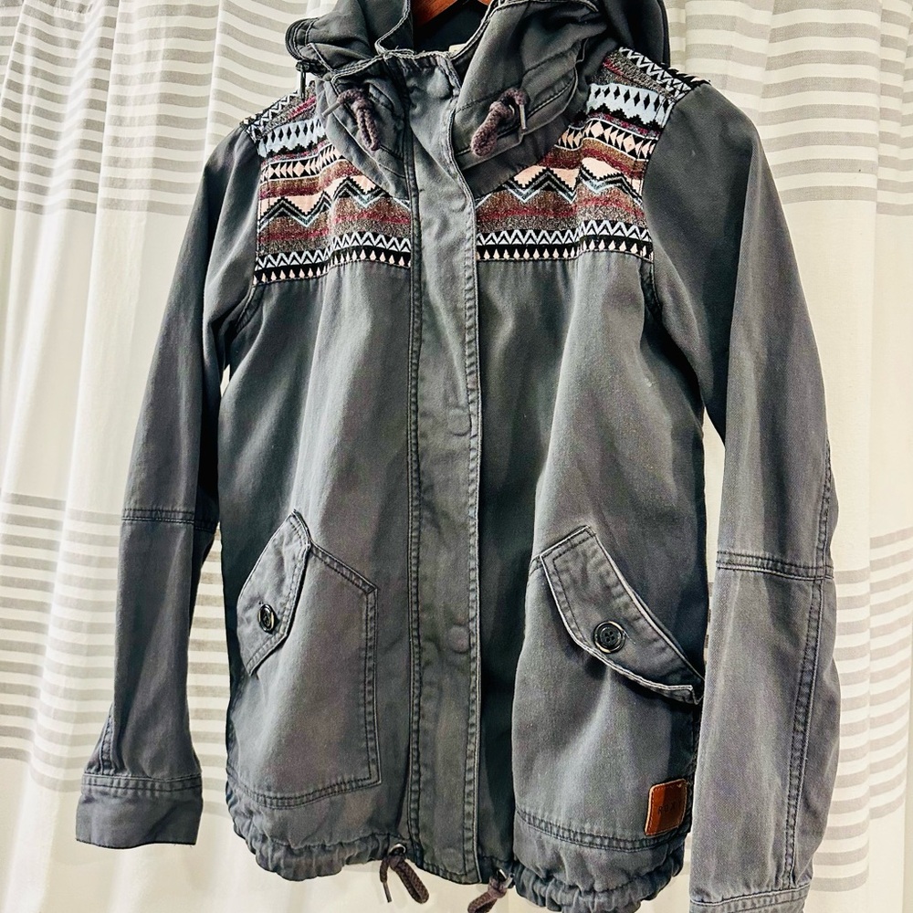 Roxy Gray Utility Jacket with Geometric Detail